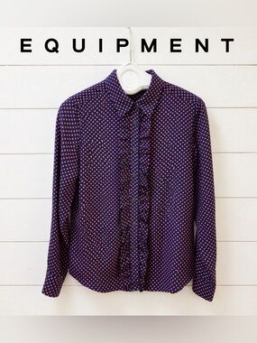 EQUIPMENT Navy & Pink Red Polka Dot Silk Blouse Size M
